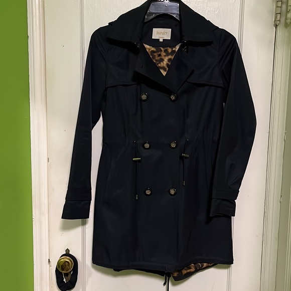 LAUNDRY S NAVY RAIN COAT. Leopard lining.  Size S.  Gorgeous. - Picture 2 of 8